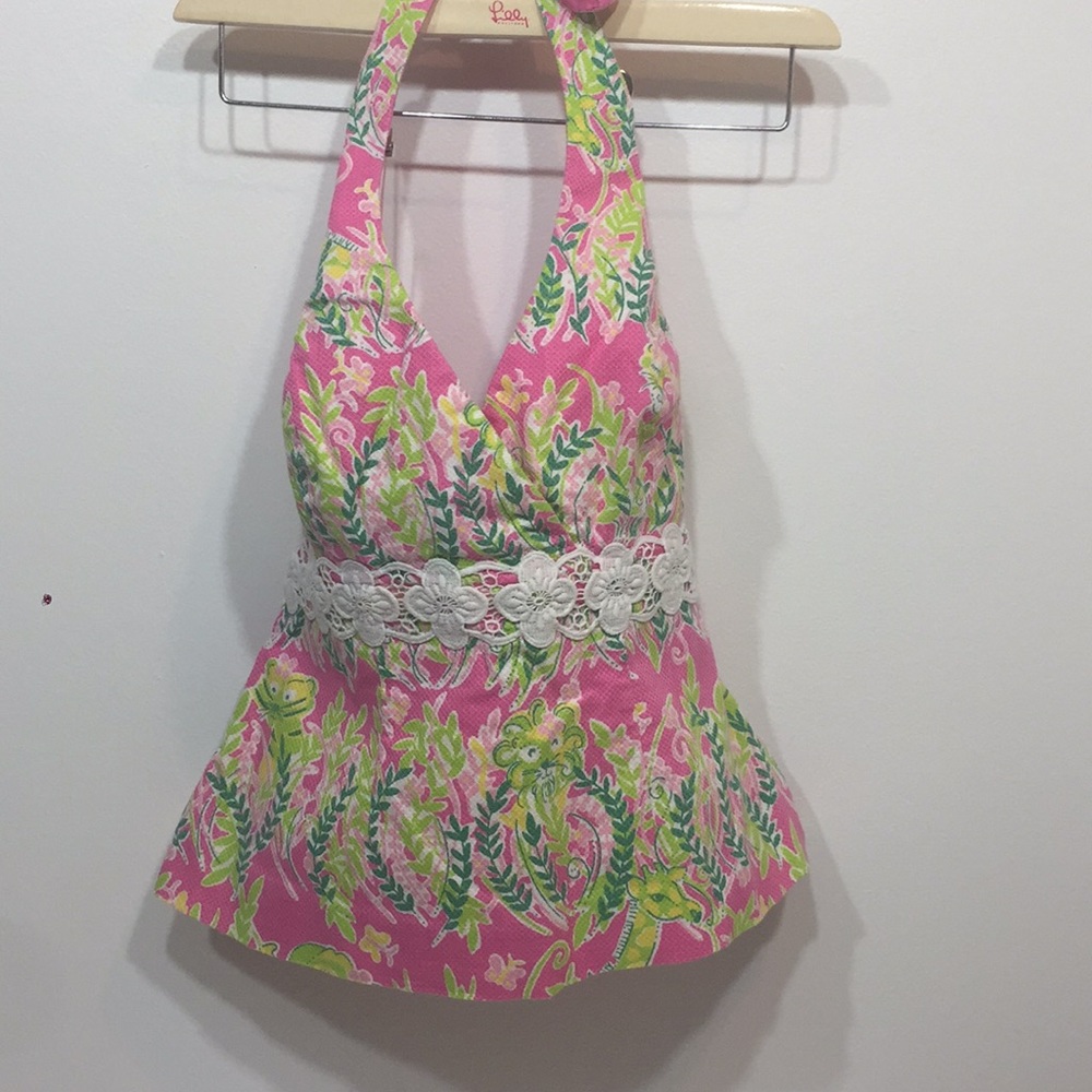 Lilly Pulitzer halter w/white emb trim, lined  8
